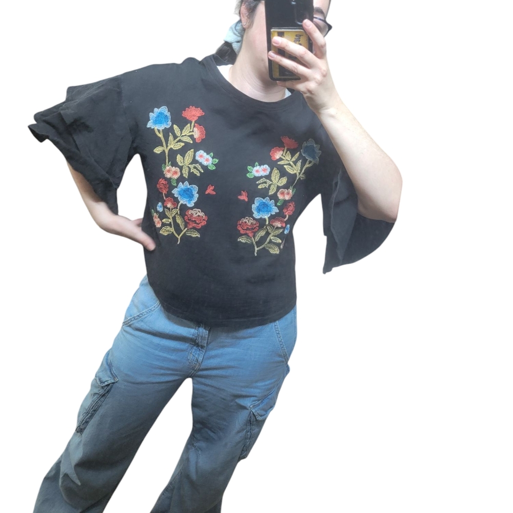 Floral Embroidered Black Top
